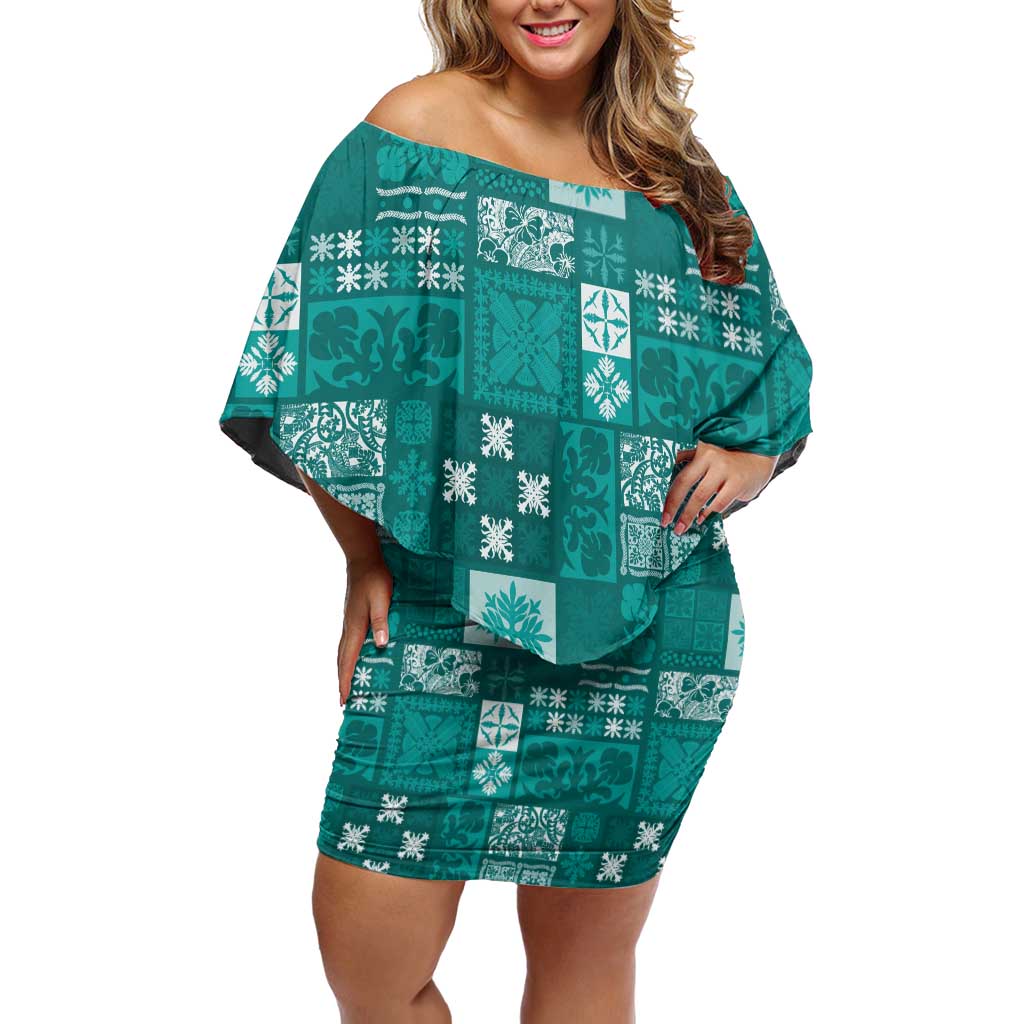 Vintage Hawaiian Quilting Patterns Off Shoulder Short Dress Turquoise Style Tribal Fabric Patchwork - Polynesian Pride