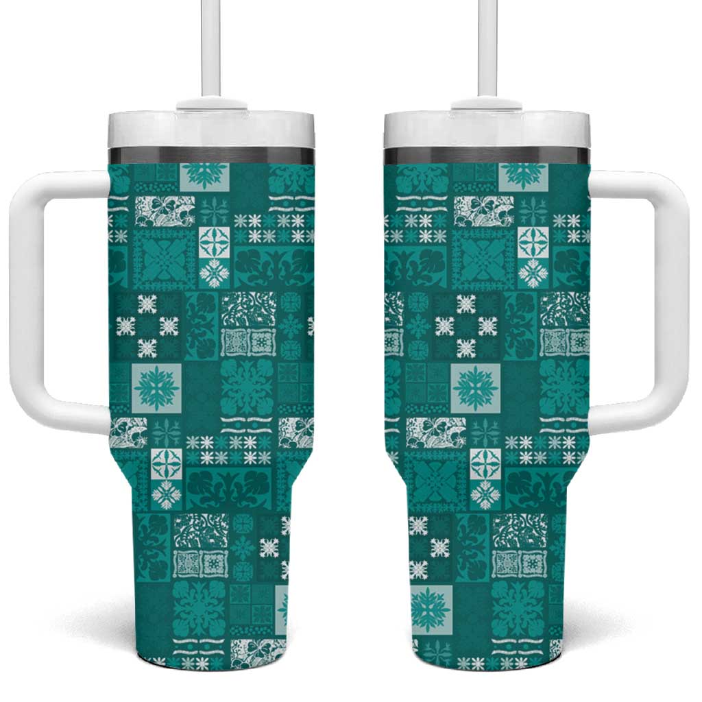 Vintage Hawaiian Quilting Patterns Tumbler With Handle Turquoise Style Tribal Fabric Patchwork - Polynesian Pride