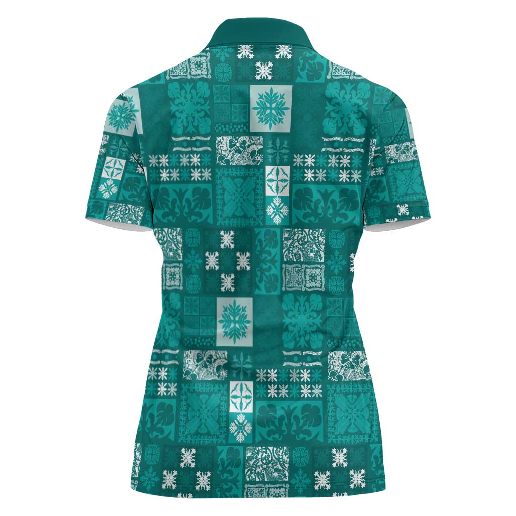 Vintage Hawaiian Quilting Patterns Women Polo Shirt Turquoise Style Tribal Fabric Patchwork - Polynesian Pride