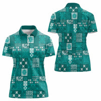 Vintage Hawaiian Quilting Patterns Women Polo Shirt Turquoise Style Tribal Fabric Patchwork - Polynesian Pride