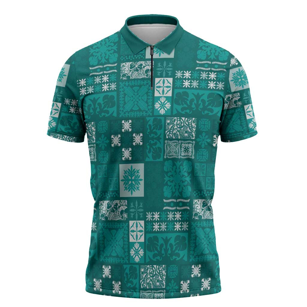 Vintage Hawaiian Quilting Patterns Zipper Polo Shirt Turquoise Style Tribal Fabric Patchwork - Polynesian Pride