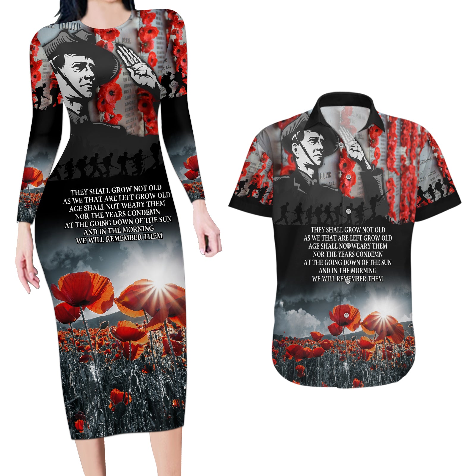 ANZAC DAY Heroes Of The Gallipoli Couples Matching Long Sleeve Bodycon Dress and Hawaiian Shirt LT9 Black - Polynesian Pride