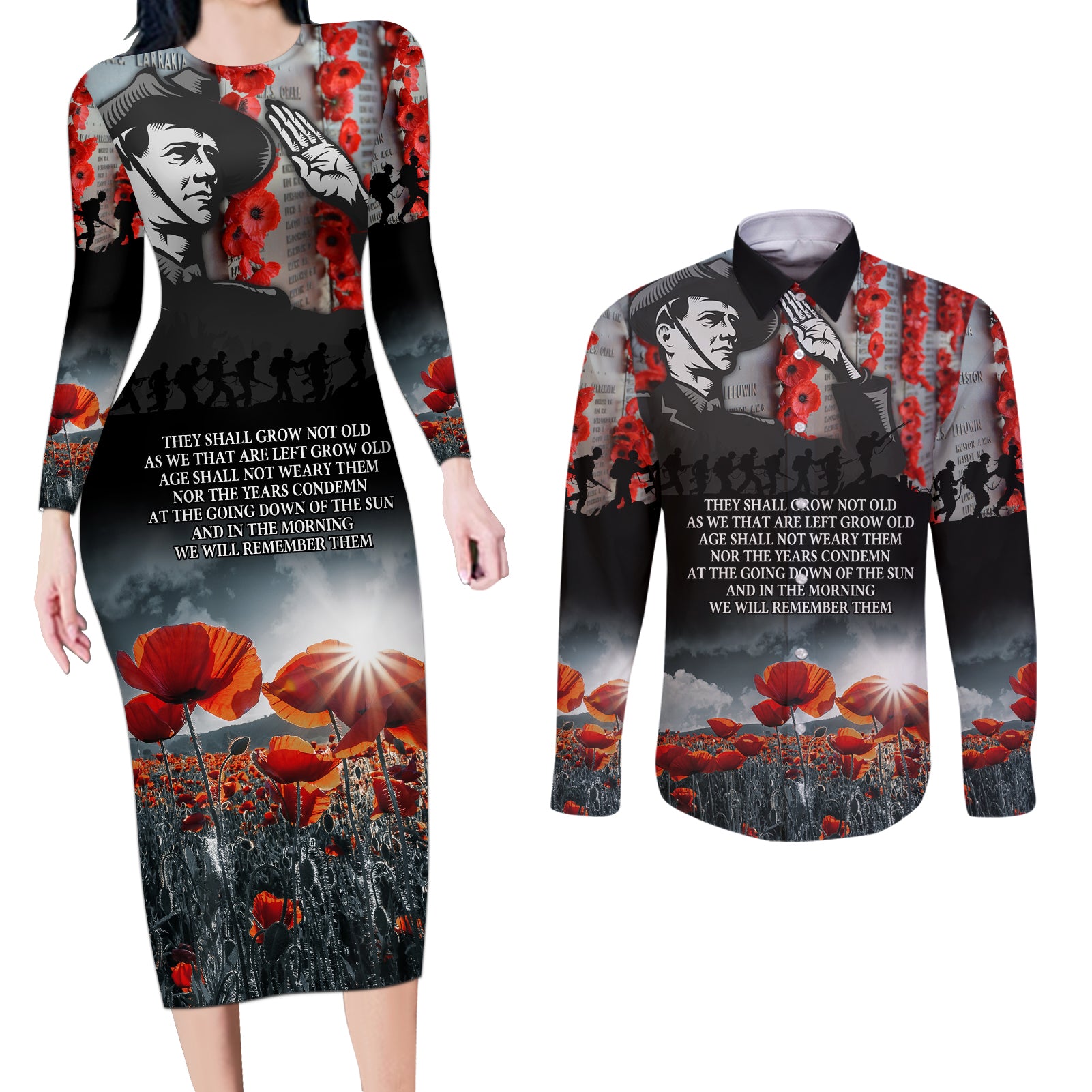 ANZAC DAY Heroes Of The Gallipoli Couples Matching Long Sleeve Bodycon Dress and Long Sleeve Button Shirt LT9 Black - Polynesian Pride