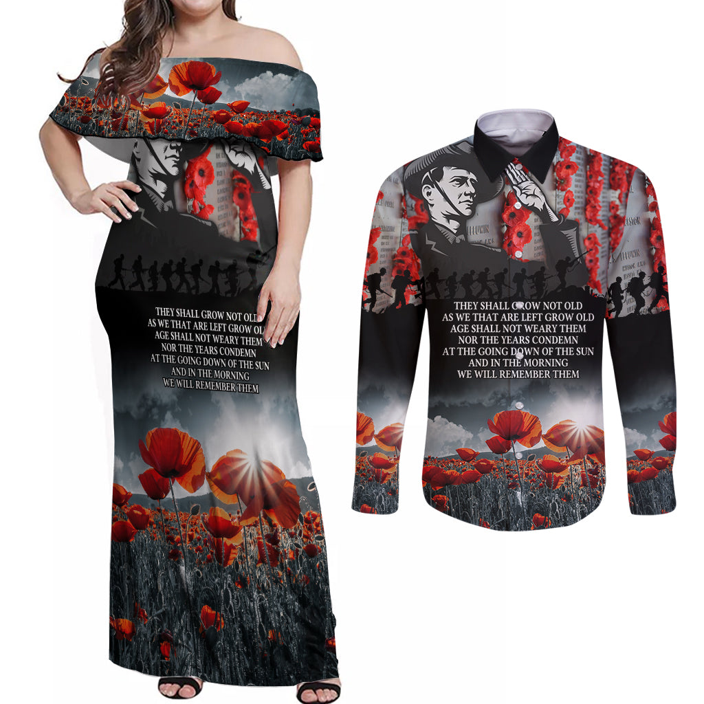 ANZAC DAY Heroes Of The Gallipoli Couples Matching Off Shoulder Maxi Dress and Long Sleeve Button Shirt LT9 Black - Polynesian Pride