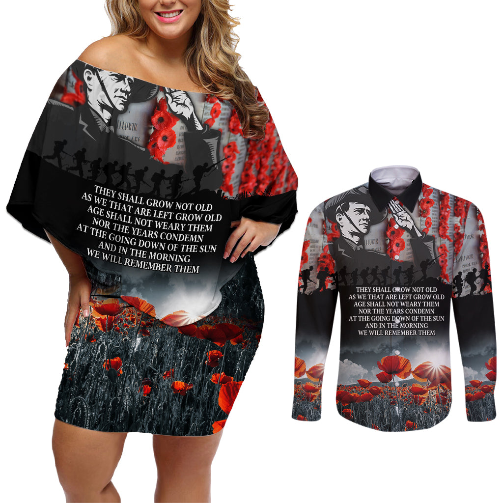 ANZAC DAY Heroes Of The Gallipoli Couples Matching Off Shoulder Short Dress and Long Sleeve Button Shirt LT9 Black - Polynesian Pride