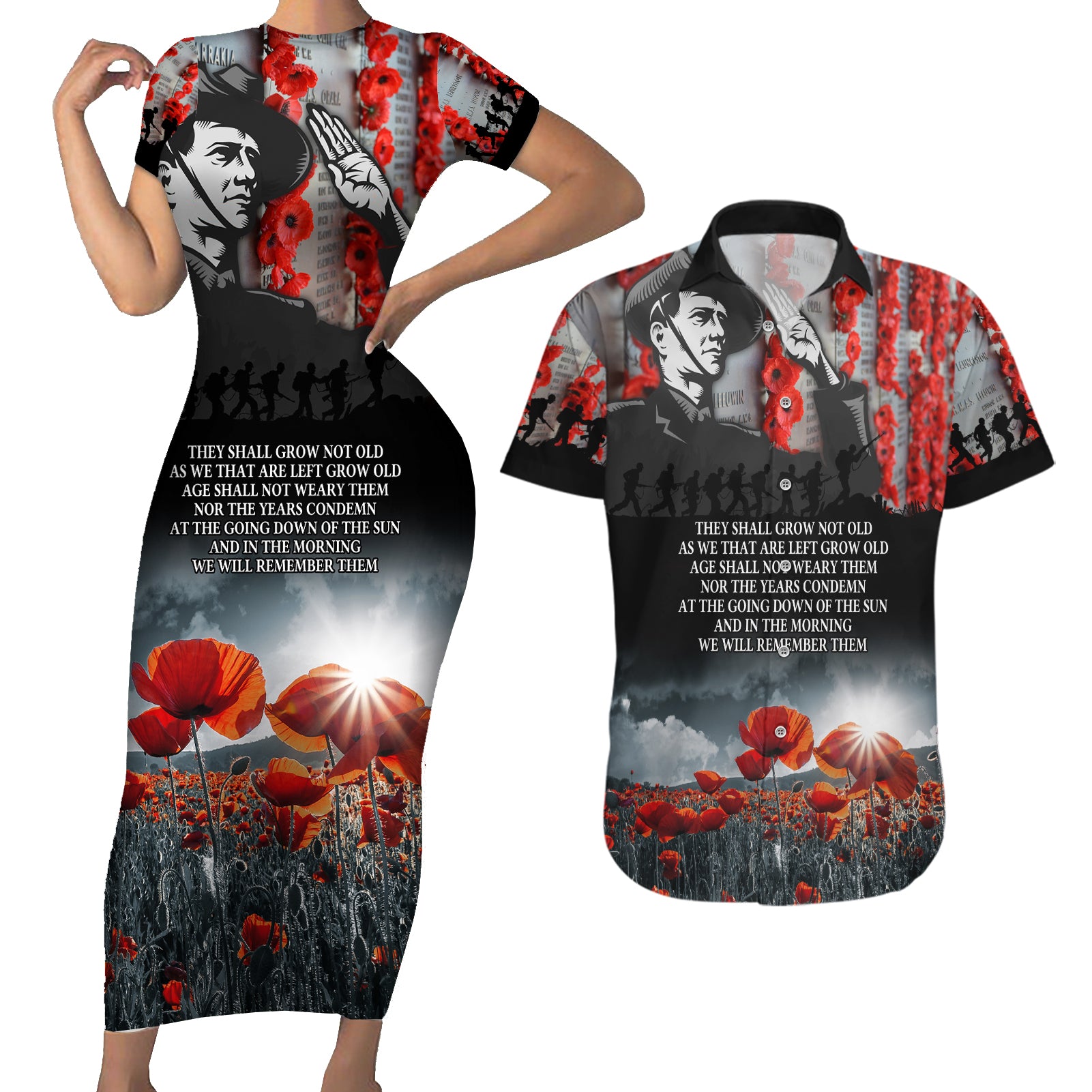 ANZAC DAY Heroes Of The Gallipoli Couples Matching Short Sleeve Bodycon Dress and Hawaiian Shirt LT9 Black - Polynesian Pride