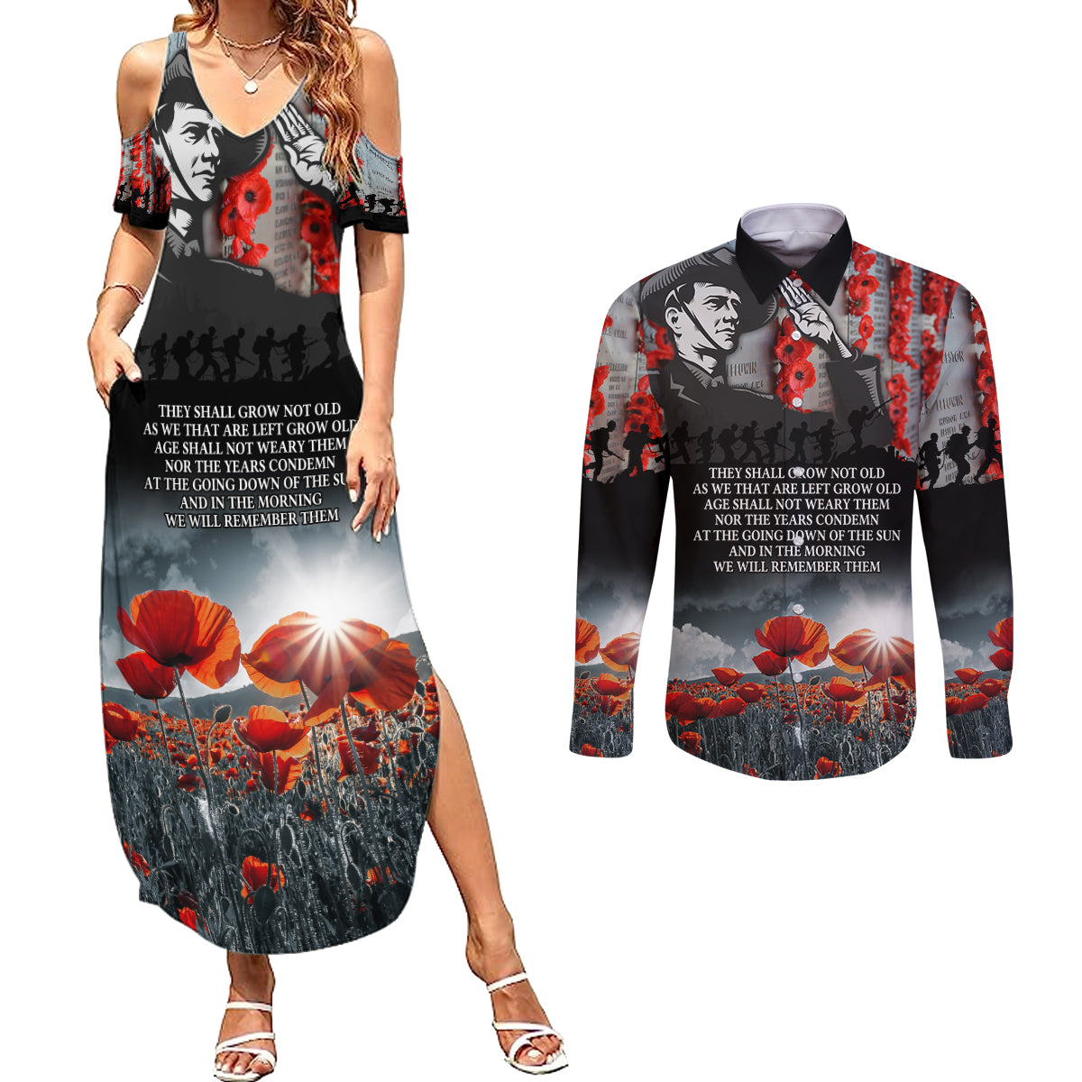 ANZAC DAY Heroes Of The Gallipoli Couples Matching Summer Maxi Dress and Long Sleeve Button Shirt LT9 Black - Polynesian Pride