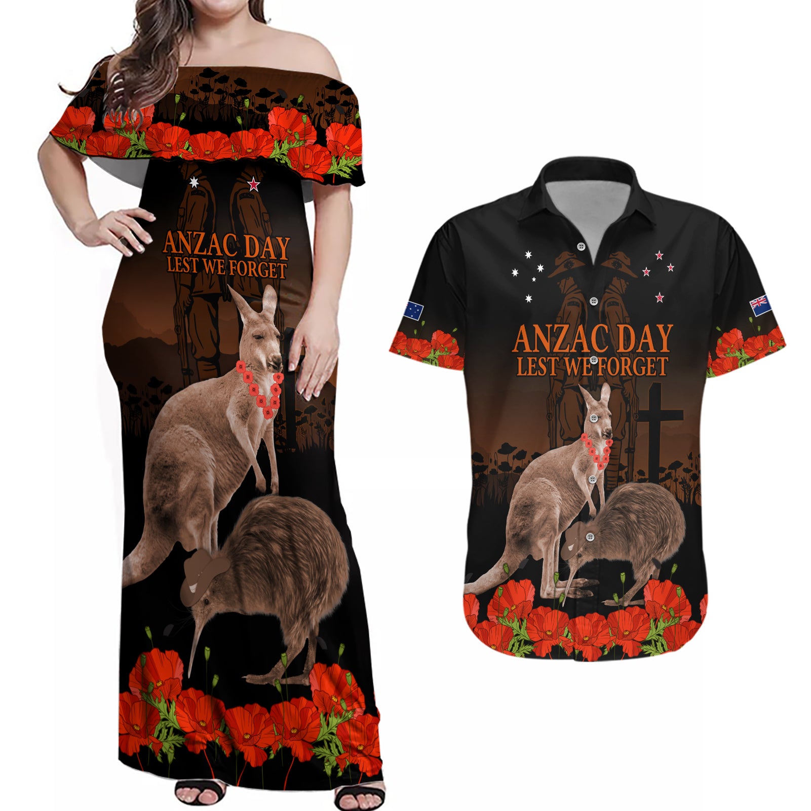 Kangaroo and Kiwi Bird ANZAC Day Custom Couples Matching Off Shoulder Maxi Dress and Hawaiian Shirt Soldier Style LT9 Black - Polynesian Pride