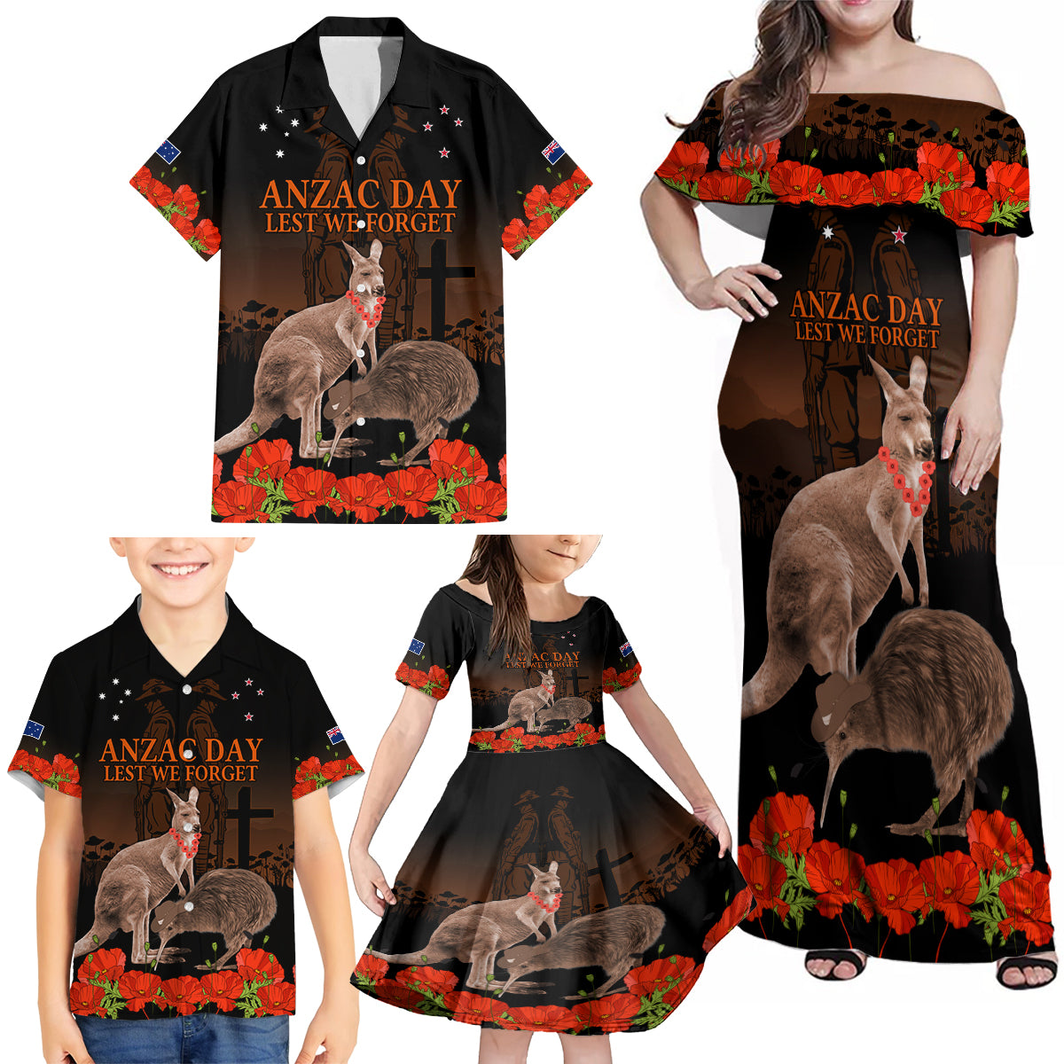 Kangaroo and Kiwi Bird ANZAC Day Custom Family Matching Off Shoulder Maxi Dress and Hawaiian Shirt Soldier Style LT9 - Polynesian Pride