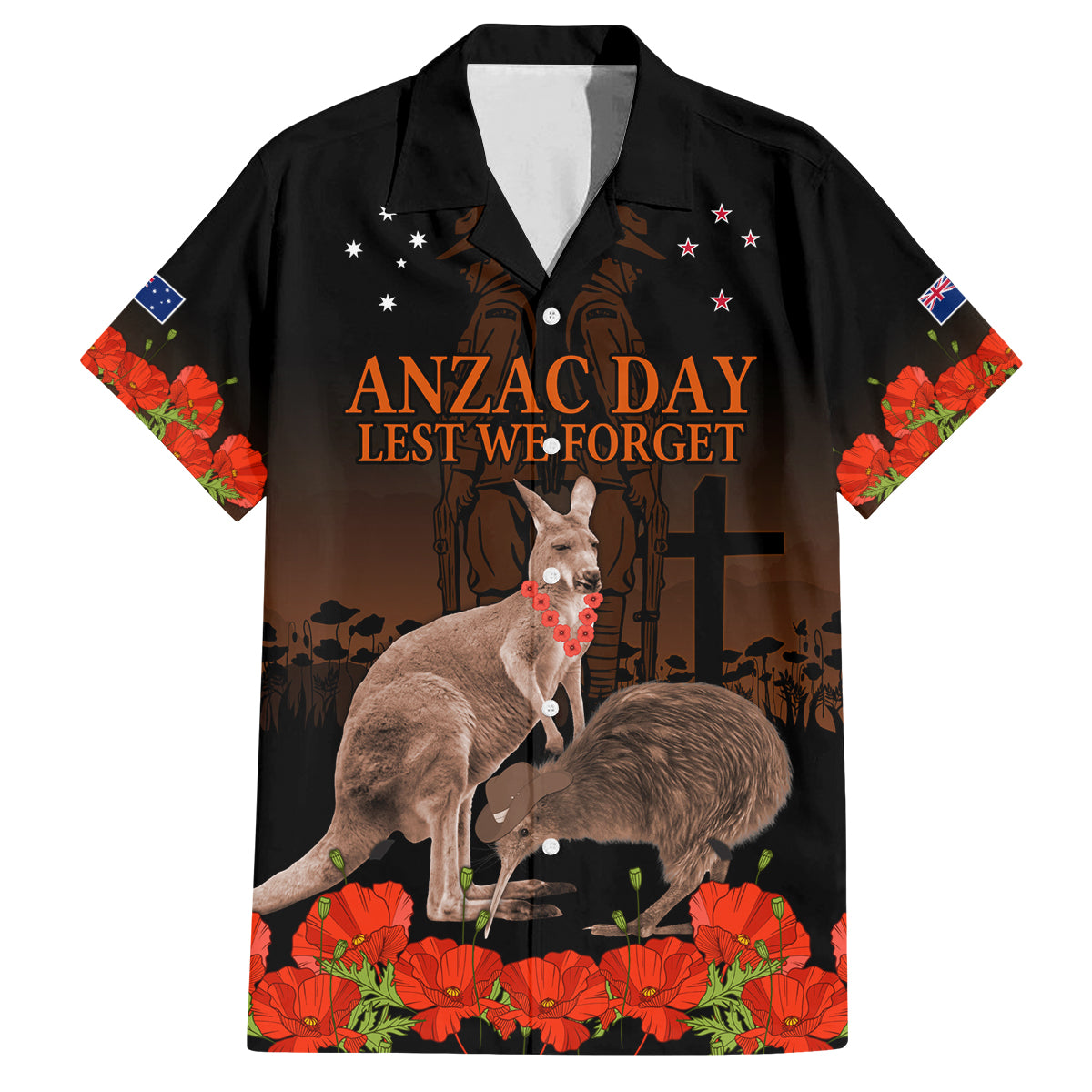 Kangaroo and Kiwi Bird ANZAC Day Custom Family Matching Puletasi and Hawaiian Shirt Soldier Style LT9 Dad's Shirt - Short Sleeve Black - Polynesian Pride
