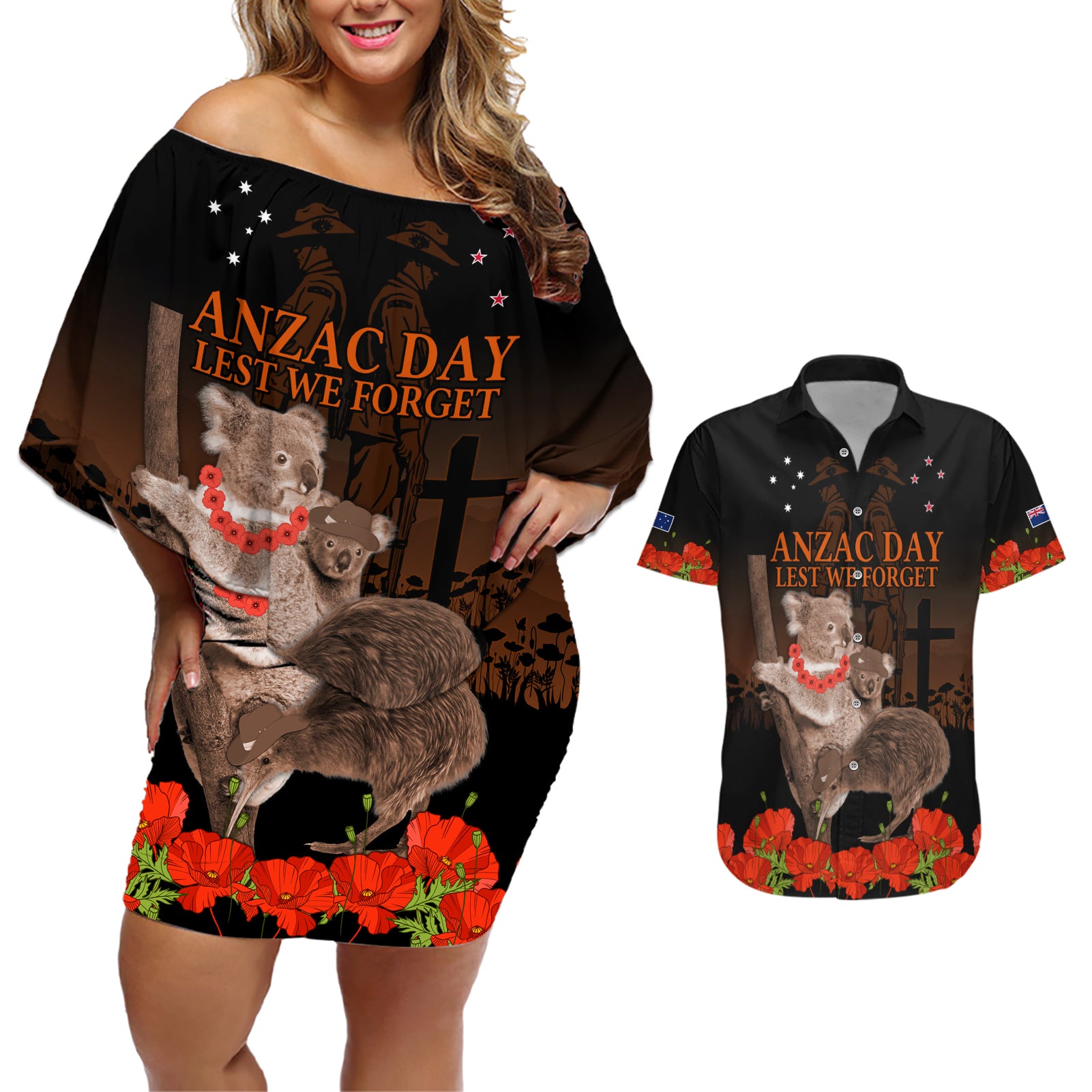 Koala and Kiwi Bird ANZAC Day Custom Couples Matching Off Shoulder Short Dress and Hawaiian Shirt Soldier Style LT9 Black - Polynesian Pride