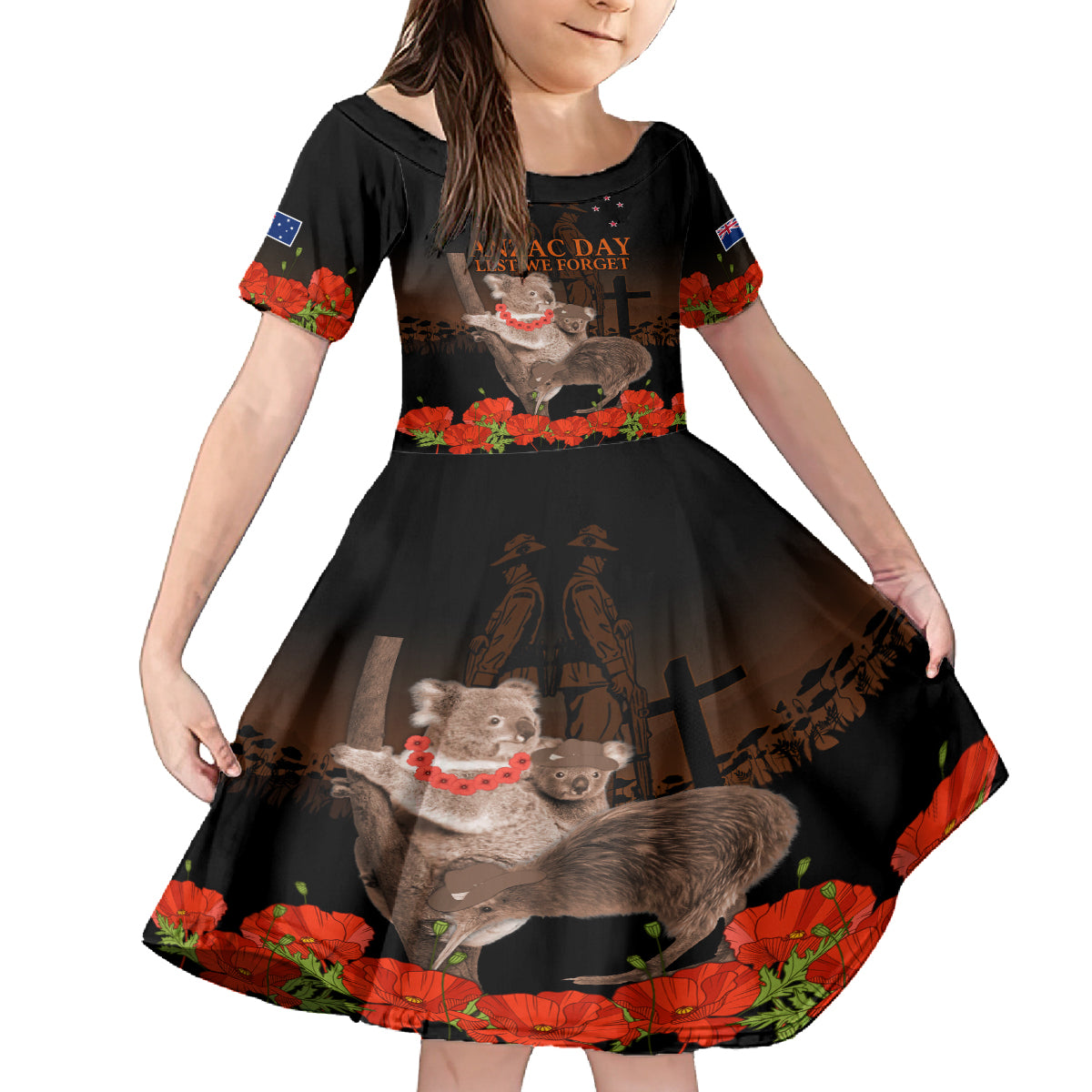 Koala and Kiwi Bird ANZAC Day Custom Family Matching Off Shoulder Long Sleeve Dress and Hawaiian Shirt Soldier Style LT9 Daughter's Dress Black - Polynesian Pride