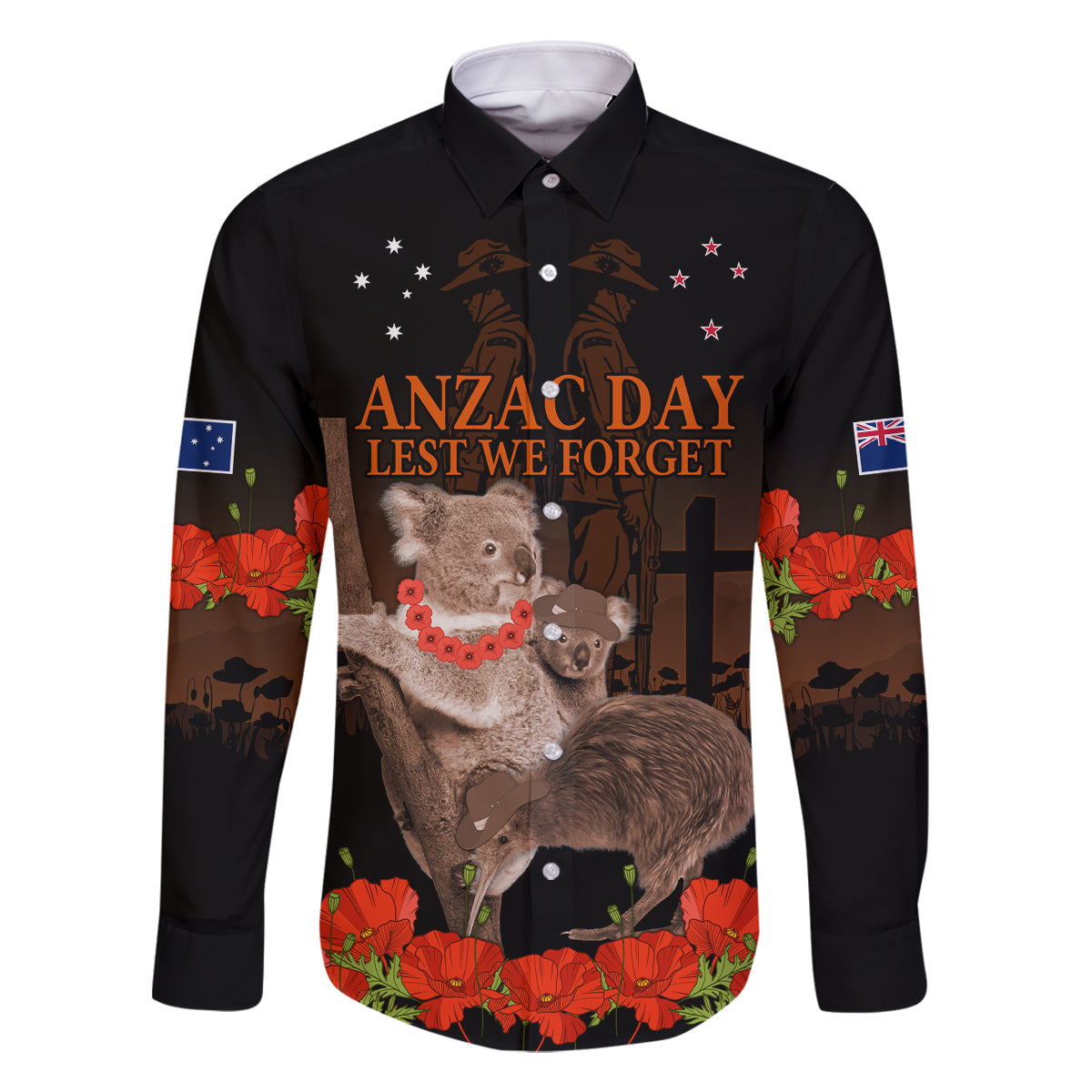 Koala and Kiwi Bird ANZAC Day Custom Family Matching Off Shoulder Long Sleeve Dress and Hawaiian Shirt Soldier Style LT9 Dad's Shirt - Long Sleeve Black - Polynesian Pride