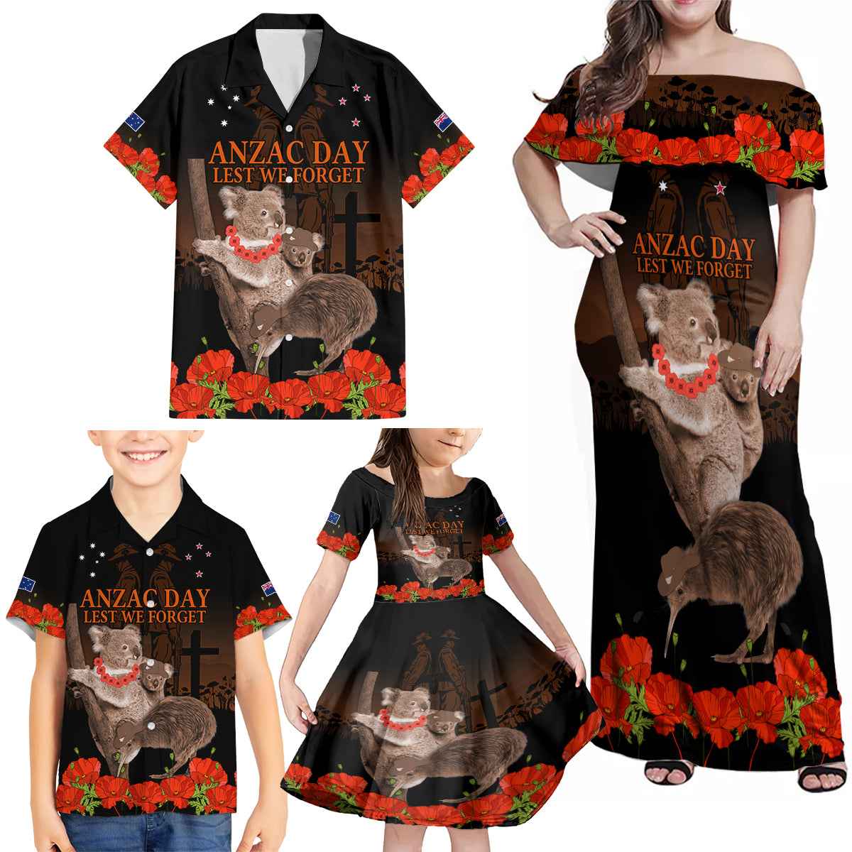 Koala and Kiwi Bird ANZAC Day Custom Family Matching Off Shoulder Maxi Dress and Hawaiian Shirt Soldier Style LT9 - Polynesian Pride