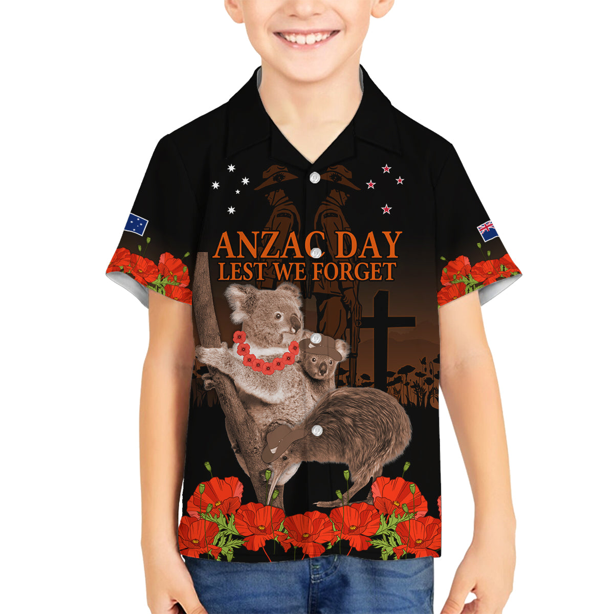 Koala and Kiwi Bird ANZAC Day Custom Family Matching Puletasi and Hawaiian Shirt Soldier Style LT9 Son's Shirt Black - Polynesian Pride