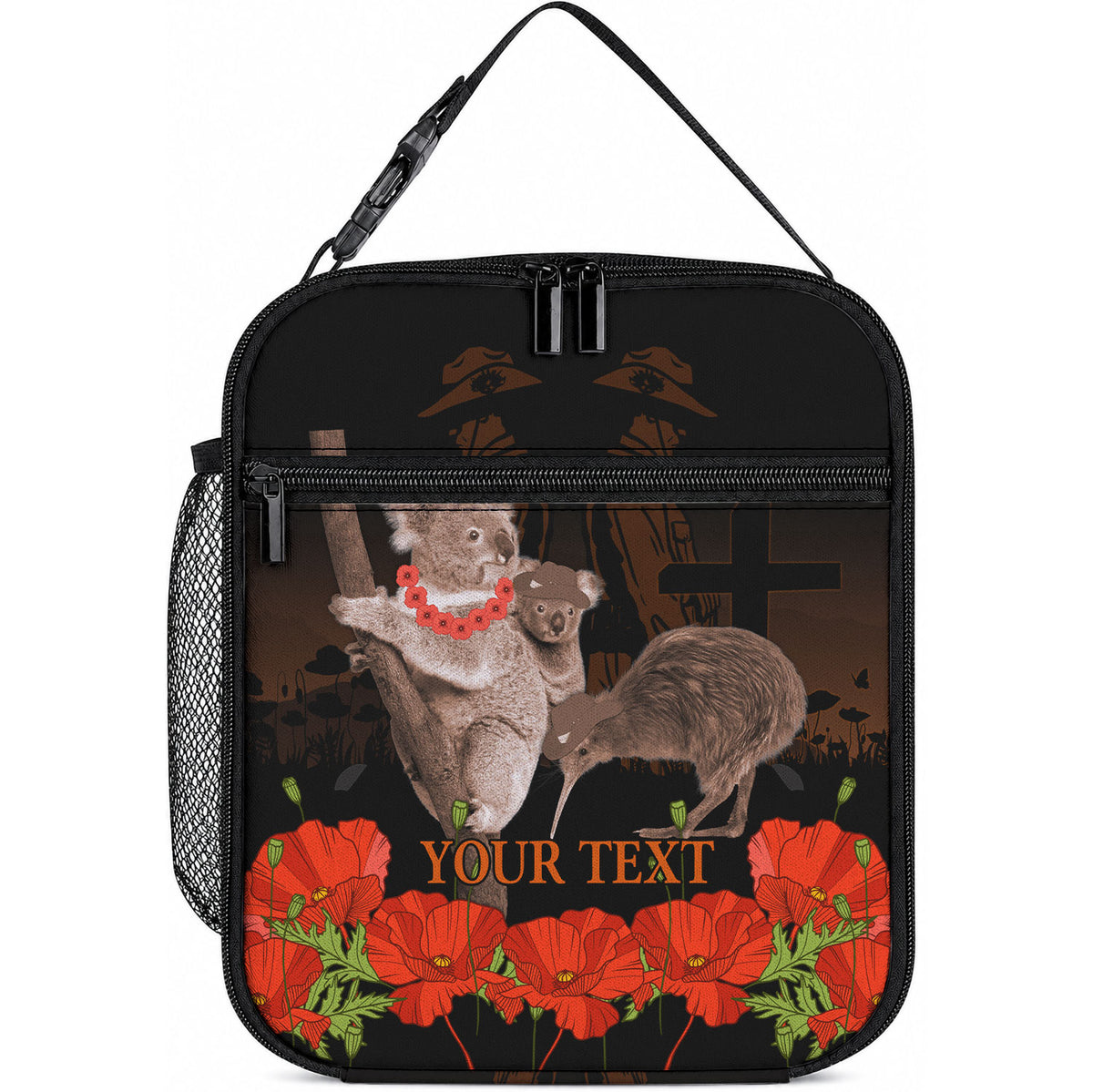 Koala and Kiwi Bird ANZAC Day Custom Lunch Bag Soldier Style LT9 10.2 × 8.3 × 4.3 inch Black - Polynesian Pride