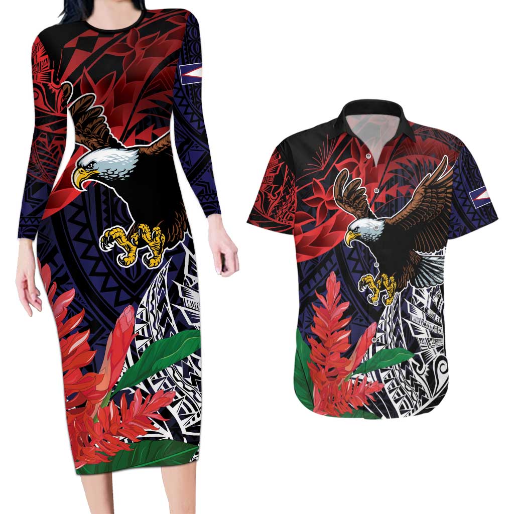 American Samoa Bald Eagle Personalized Couples Matching Long Sleeve Bodycon Dress and Hawaiian Shirt Samoa Muamua Le Atua