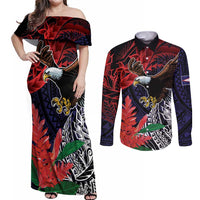 American Samoa Bald Eagle Personalized Couples Matching Off Shoulder Maxi Dress and Long Sleeve Button Shirt Samoa Muamua Le Atua