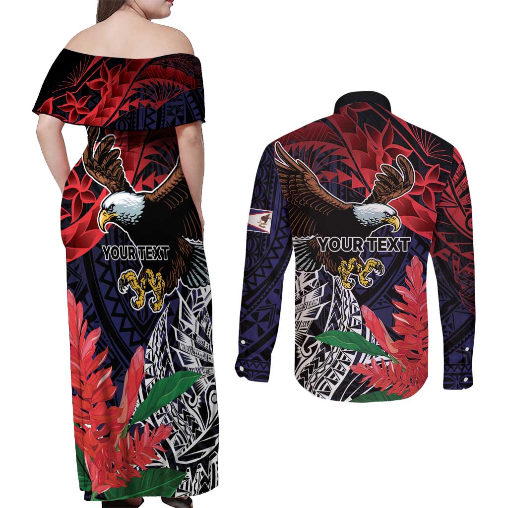 American Samoa Bald Eagle Personalized Couples Matching Off Shoulder Maxi Dress and Long Sleeve Button Shirt Samoa Muamua Le Atua