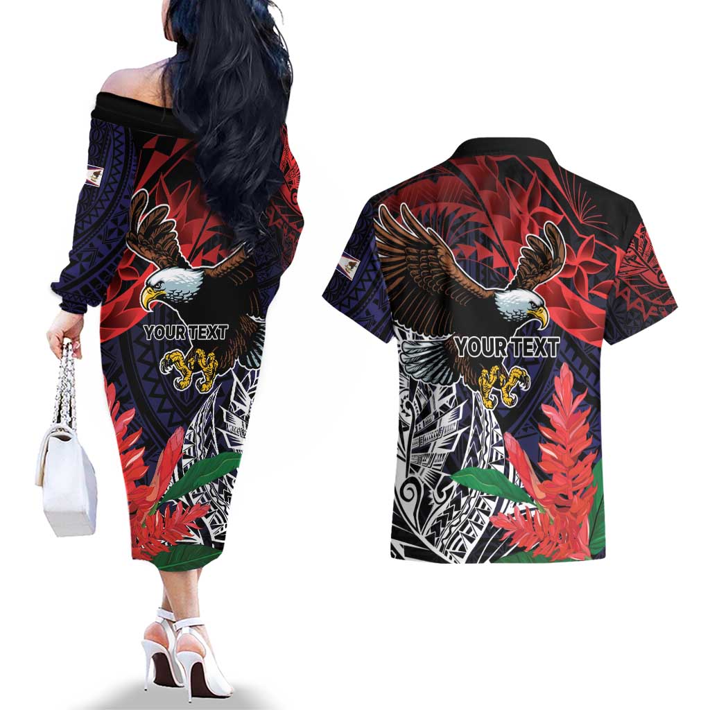 American Samoa Bald Eagle Personalized Couples Matching Off The Shoulder Long Sleeve Dress and Hawaiian Shirt Samoa Muamua Le Atua