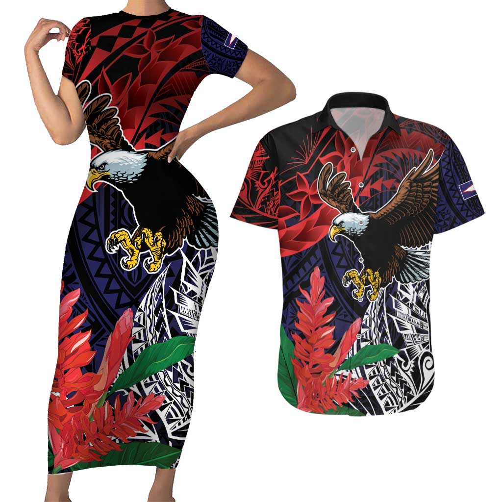 American Samoa Bald Eagle Personalized Couples Matching Short Sleeve Bodycon Dress and Hawaiian Shirt Samoa Muamua Le Atua
