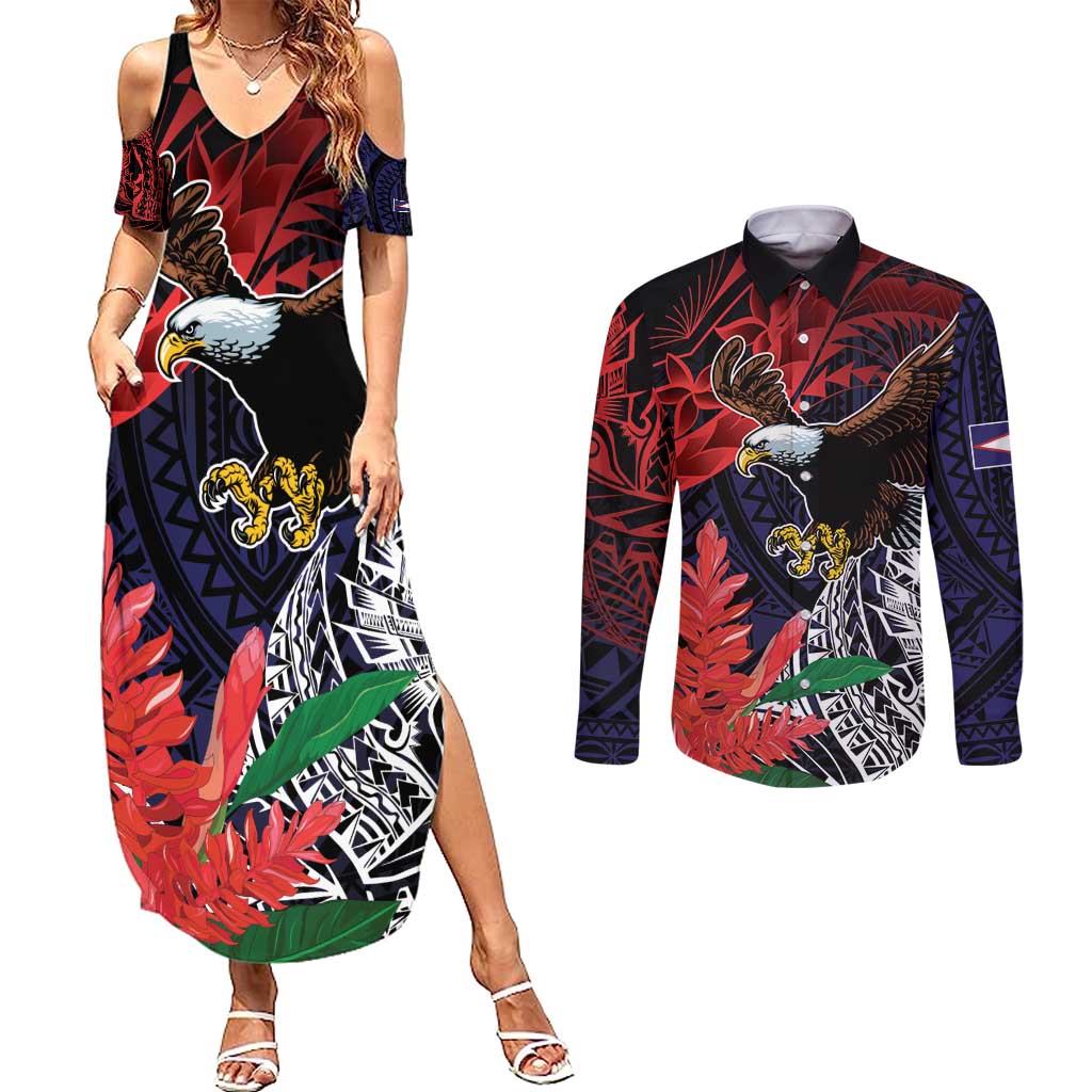 American Samoa Bald Eagle Personalized Couples Matching Summer Maxi Dress and Long Sleeve Button Shirt Samoa Muamua Le Atua
