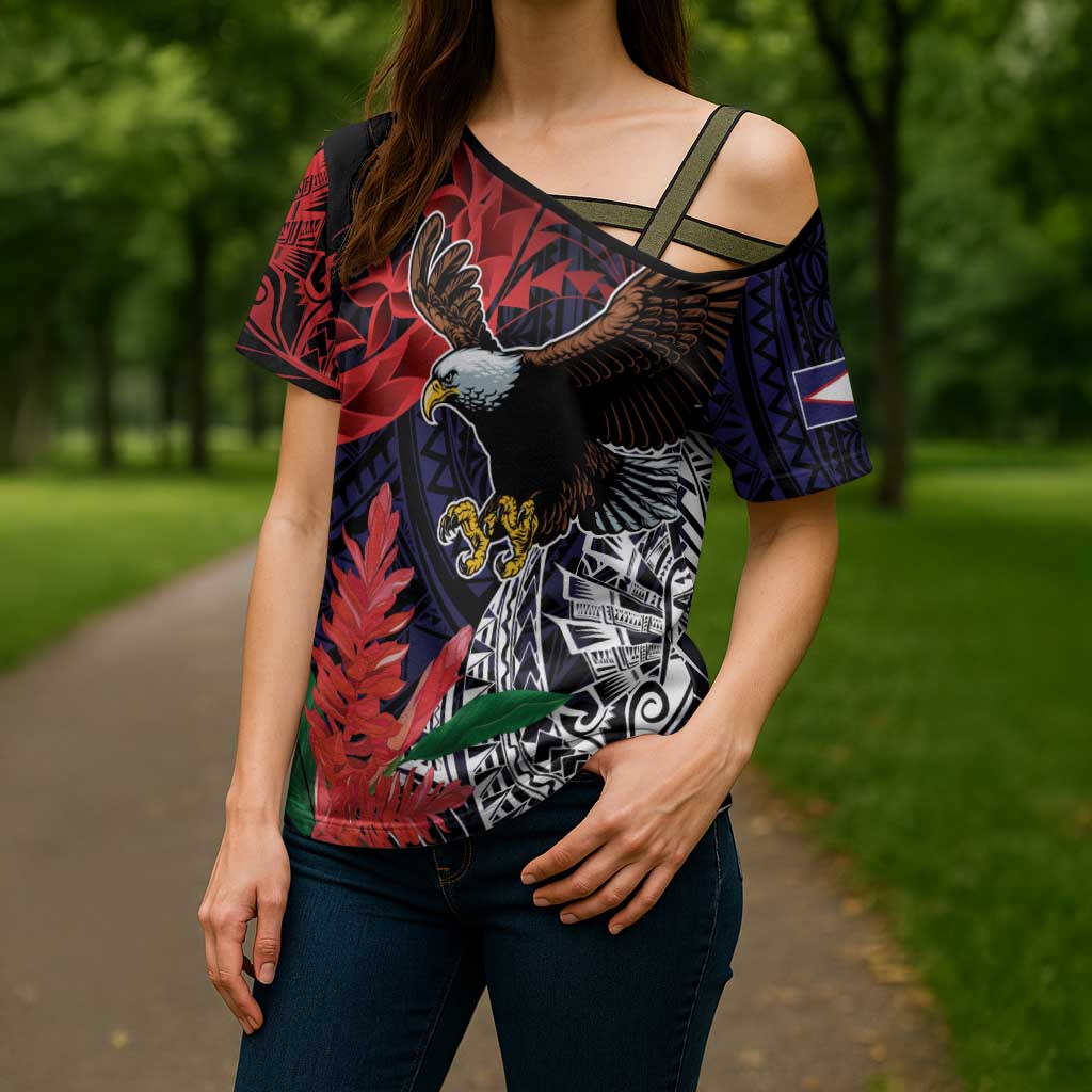 American Samoa Bald Eagle Personalized Cross Shoulder Shirt Samoa Muamua Le Atua - Polynesian Pride