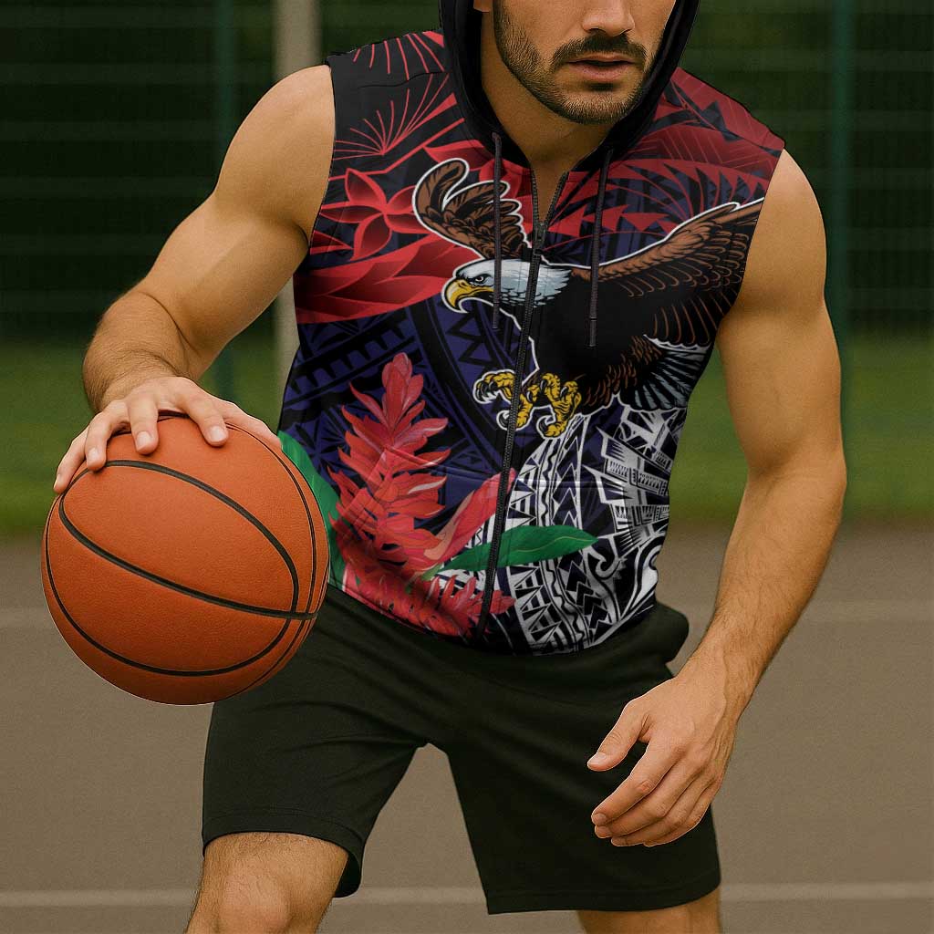 American Samoa Bald Eagle Personalized Sleeveless Zip Hoodie Samoa Muamua Le Atua LT9
