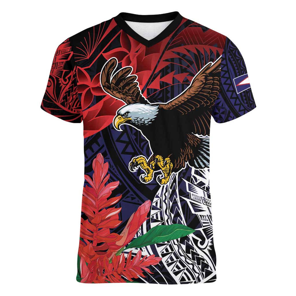 American Samoa Bald Eagle Personalized Women V-Neck T-Shirt Samoa Muamua Le Atua