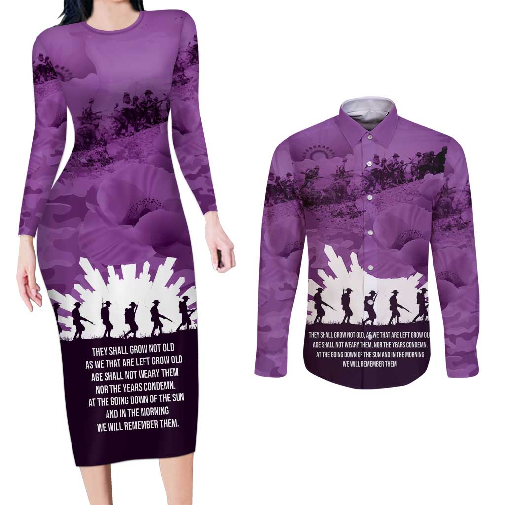 Anzac Day Gallipoli Personalised Couples Matching Long Sleeve Bodycon Dress and Long Sleeve Button Shirt Purple Poppy Flowers