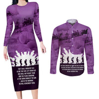 Anzac Day Gallipoli Personalised Couples Matching Long Sleeve Bodycon Dress and Long Sleeve Button Shirt Purple Poppy Flowers