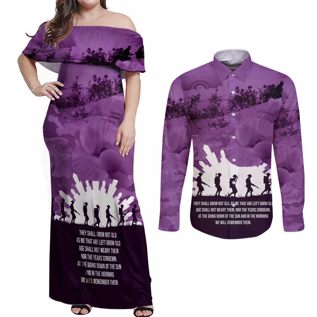 Anzac Day Gallipoli Personalised Couples Matching Off Shoulder Maxi Dress and Long Sleeve Button Shirt Purple Poppy Flowers