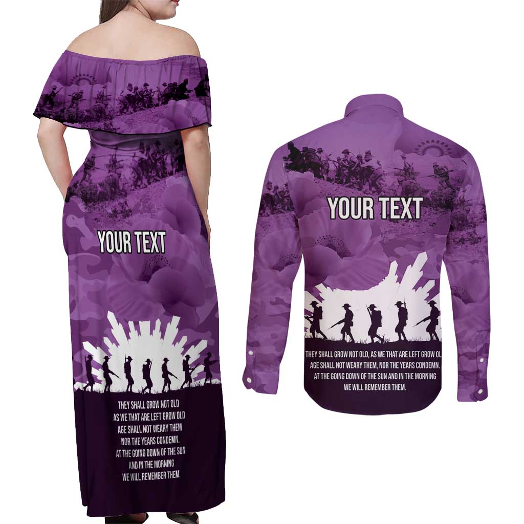 Anzac Day Gallipoli Personalised Couples Matching Off Shoulder Maxi Dress and Long Sleeve Button Shirt Purple Poppy Flowers