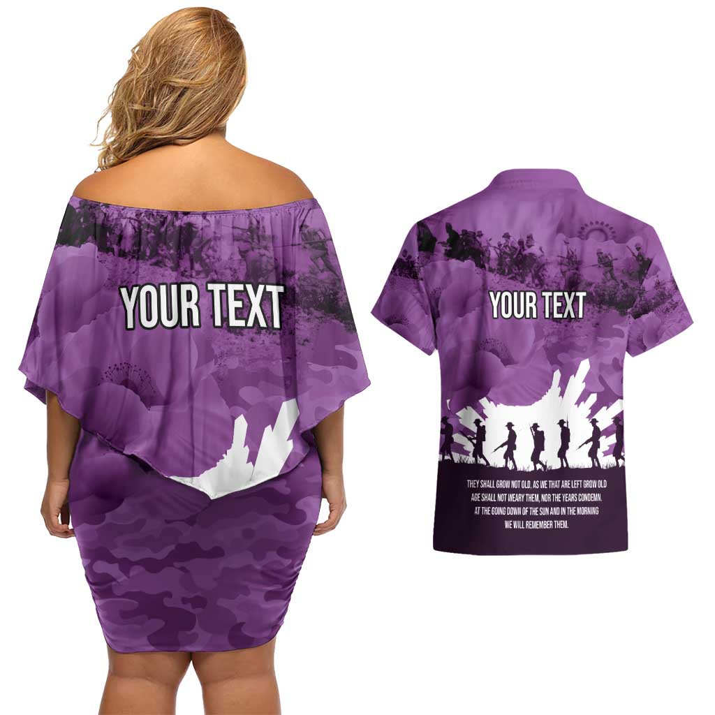 Anzac Day Gallipoli Personalised Couples Matching Off Shoulder Short Dress and Hawaiian Shirt Purple Poppy Flowers