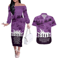Anzac Day Gallipoli Personalised Couples Matching Off The Shoulder Long Sleeve Dress and Hawaiian Shirt Purple Poppy Flowers