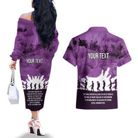 Anzac Day Gallipoli Personalised Couples Matching Off The Shoulder Long Sleeve Dress and Hawaiian Shirt Purple Poppy Flowers