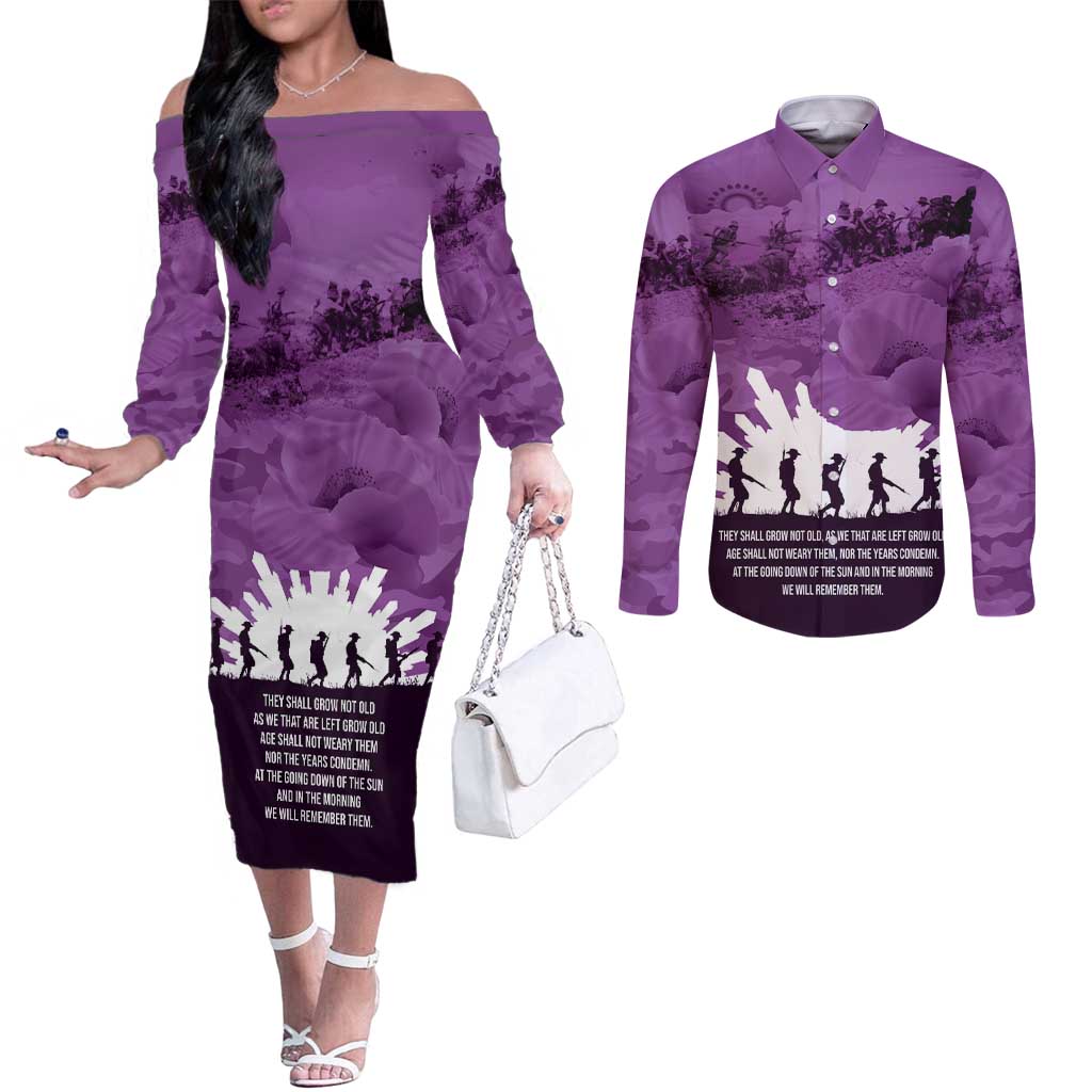 Anzac Day Gallipoli Personalised Couples Matching Off The Shoulder Long Sleeve Dress and Long Sleeve Button Shirt Purple Poppy Flowers