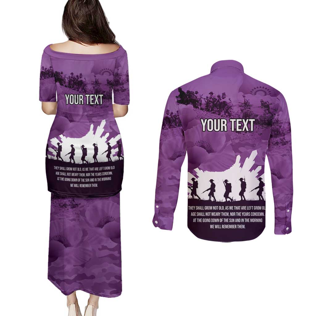 Anzac Day Gallipoli Personalised Couples Matching Puletasi and Long Sleeve Button Shirt Purple Poppy Flowers