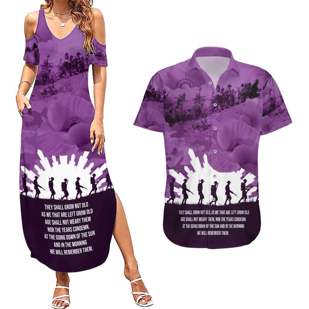 Anzac Day Gallipoli Personalised Couples Matching Summer Maxi Dress and Hawaiian Shirt Purple Poppy Flowers