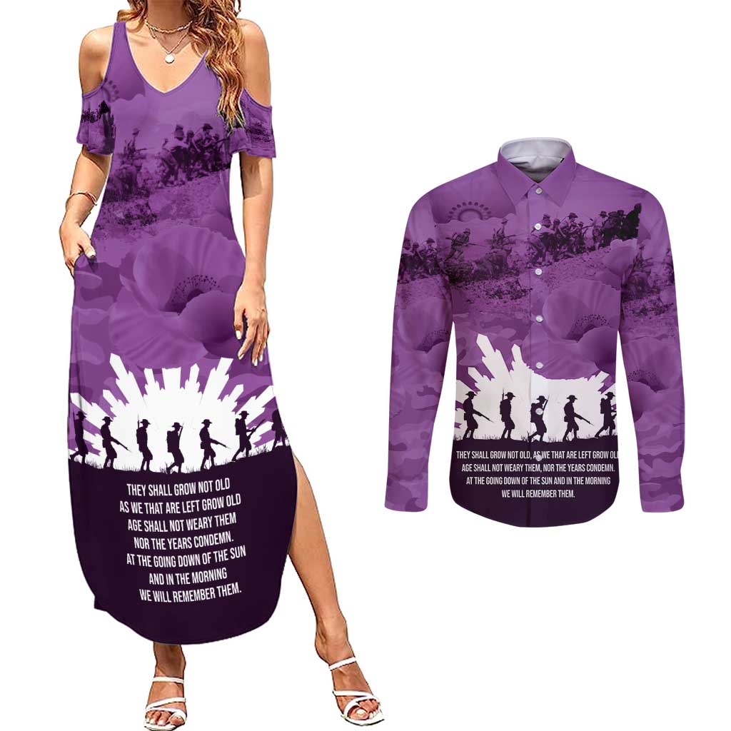 Anzac Day Gallipoli Personalised Couples Matching Summer Maxi Dress and Long Sleeve Button Shirt Purple Poppy Flowers