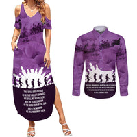Anzac Day Gallipoli Personalised Couples Matching Summer Maxi Dress and Long Sleeve Button Shirt Purple Poppy Flowers