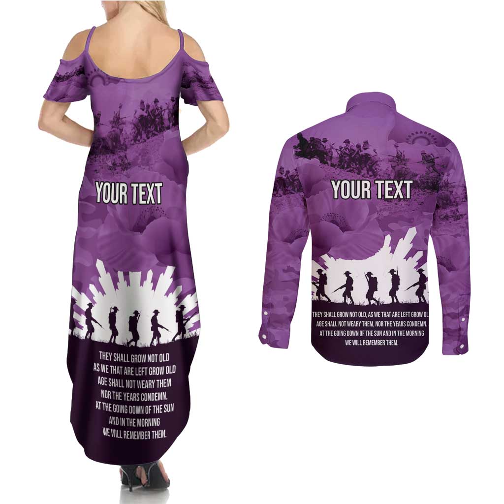 Anzac Day Gallipoli Personalised Couples Matching Summer Maxi Dress and Long Sleeve Button Shirt Purple Poppy Flowers