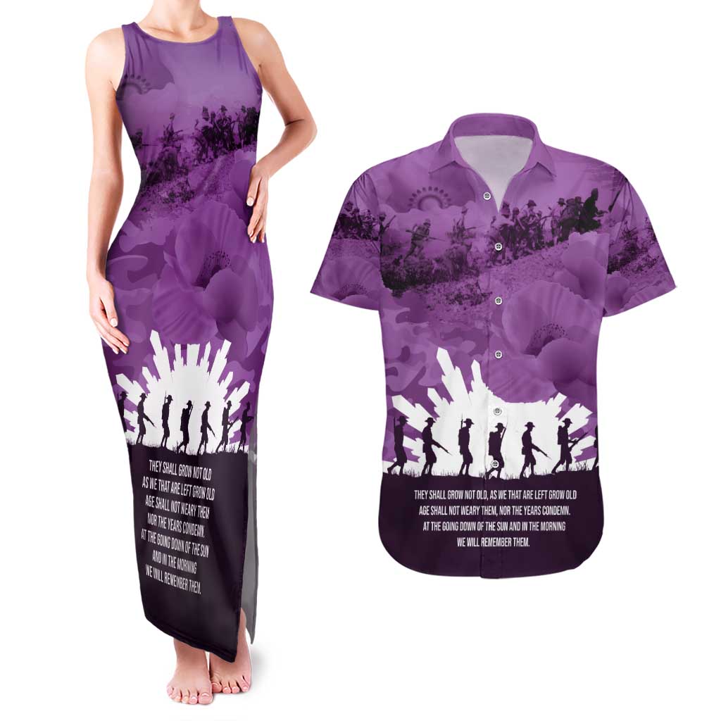Anzac Day Gallipoli Personalised Couples Matching Tank Maxi Dress and Hawaiian Shirt Purple Poppy Flowers