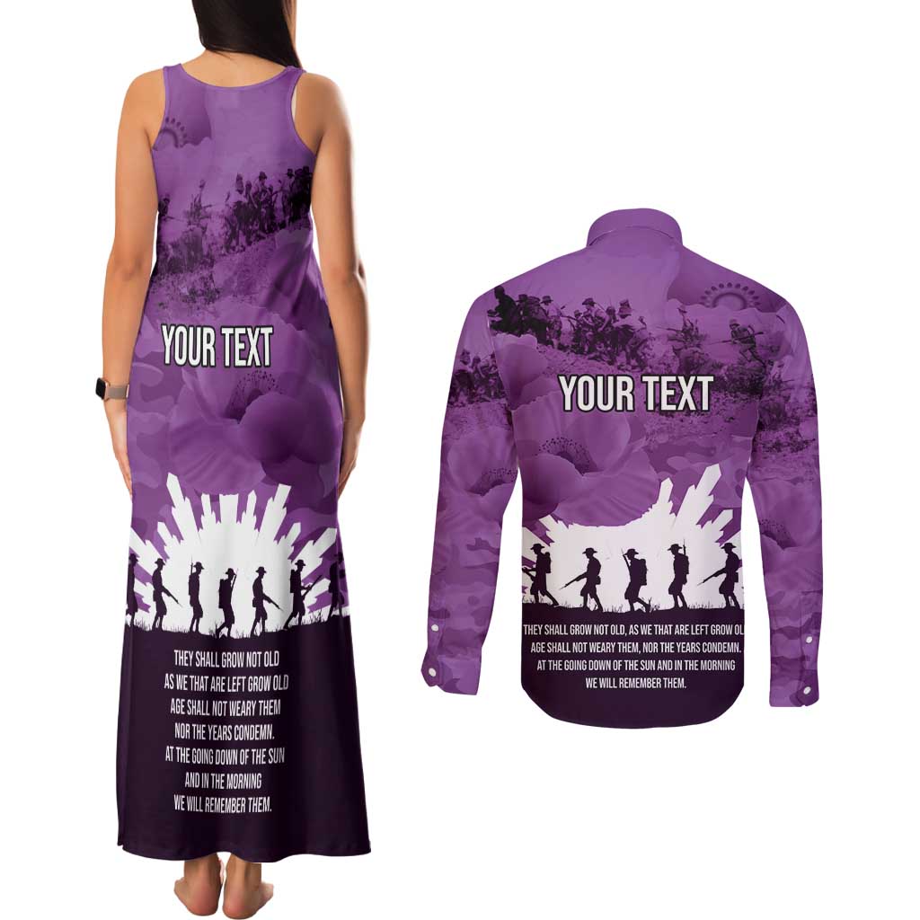 Anzac Day Gallipoli Personalised Couples Matching Tank Maxi Dress and Long Sleeve Button Shirt Purple Poppy Flowers