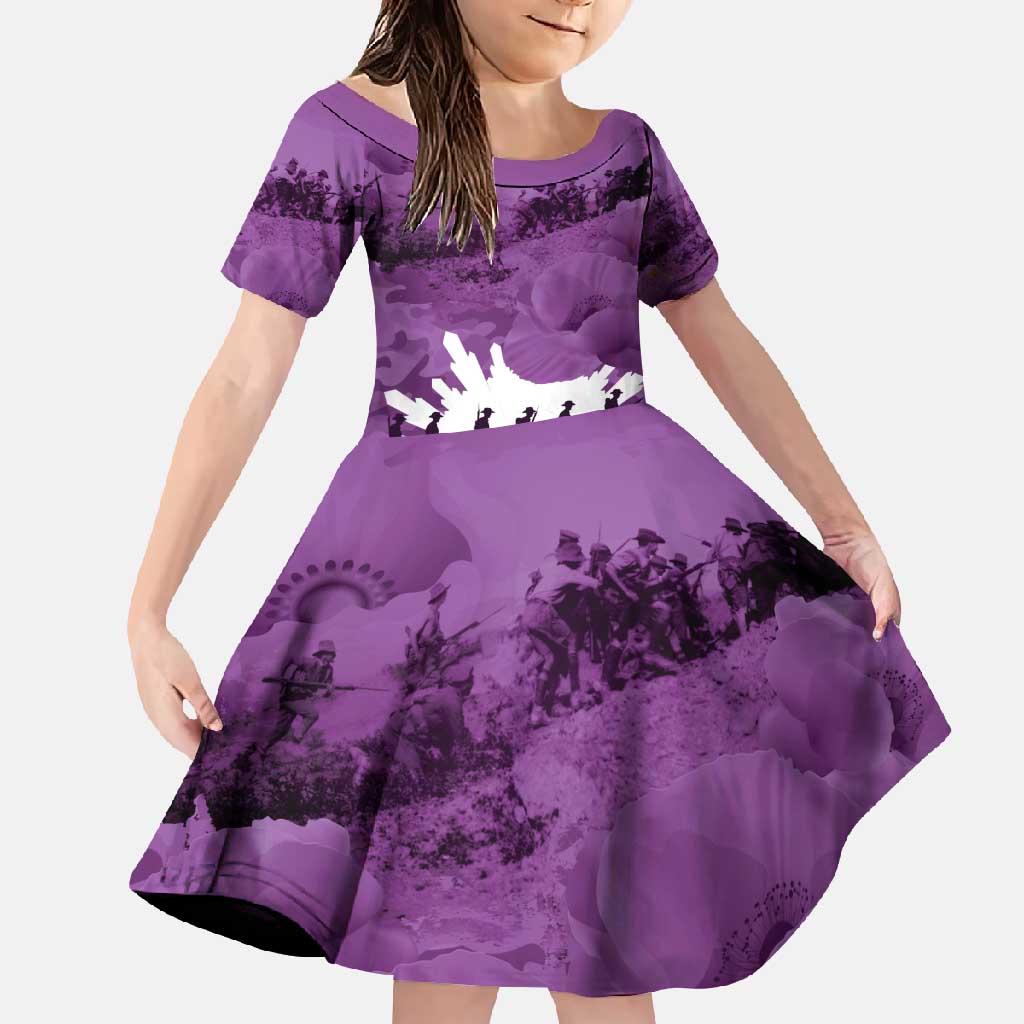 Anzac Day Gallipoli Personalised Family Matching Long Sleeve Bodycon Dress and Hawaiian Shirt Purple Poppy Flowers