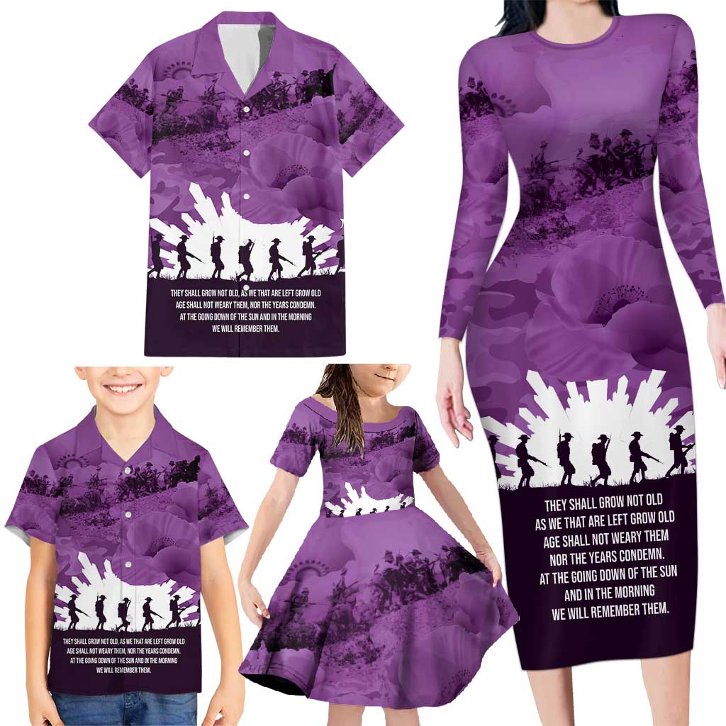 Anzac Day Gallipoli Personalised Family Matching Long Sleeve Bodycon Dress and Hawaiian Shirt Purple Poppy Flowers