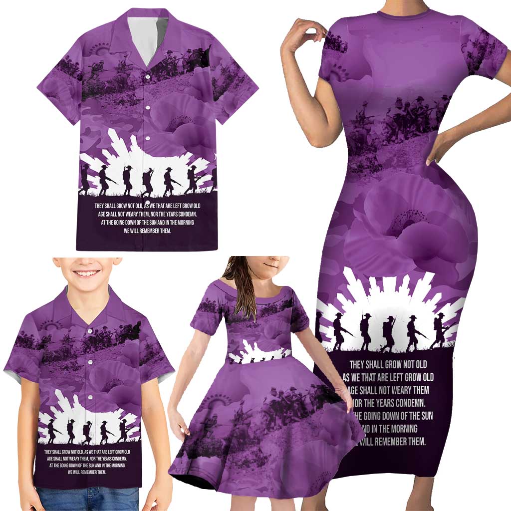 Anzac Day Gallipoli Personalised Family Matching Short Sleeve Bodycon Dress and Hawaiian Shirt Purple Poppy Flowers
