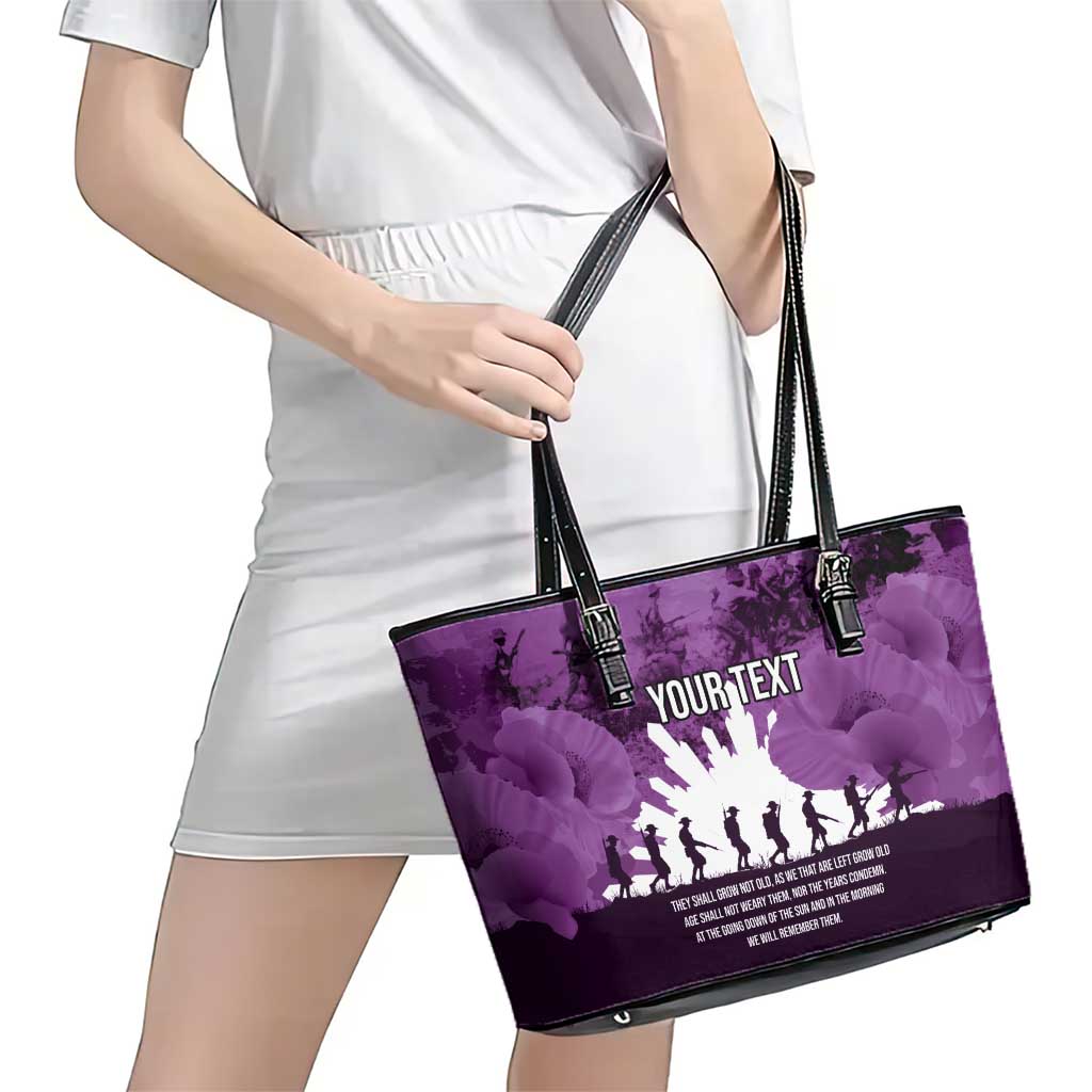 Anzac Day Gallipoli Personalised Leather Tote Bag Purple Poppy Flowers