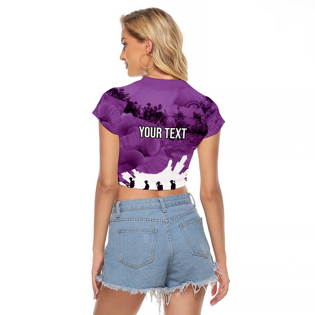 Anzac Day Gallipoli Personalised Raglan Cropped T Shirt Purple Poppy Flowers