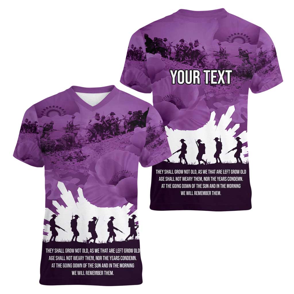 Anzac Day Gallipoli Personalised Women V-Neck T-Shirt Purple Poppy Flowers